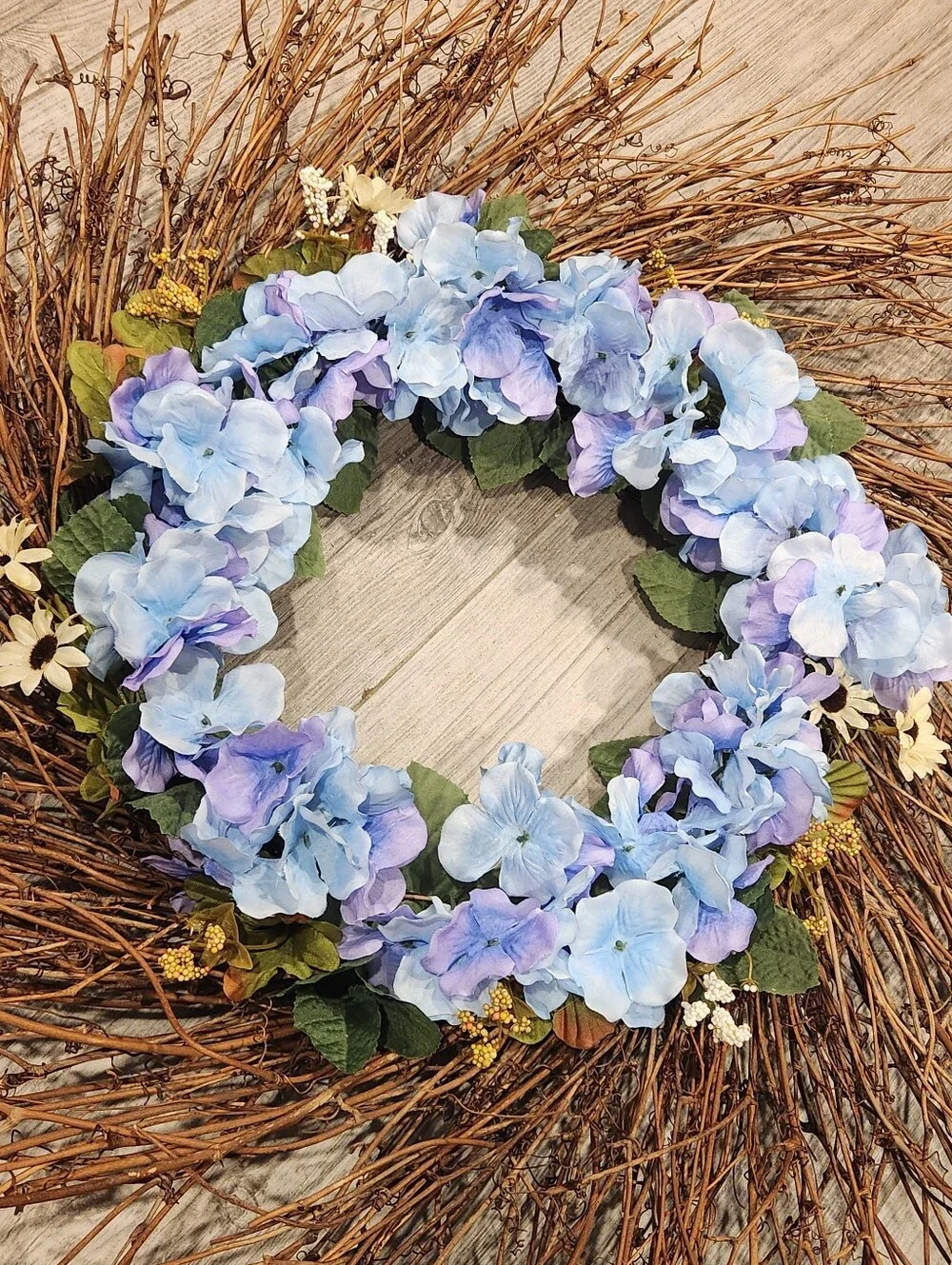 Handmade Summer Blue Hydrangea Grapevine Wreath Rustic Farmhouse Door Decor